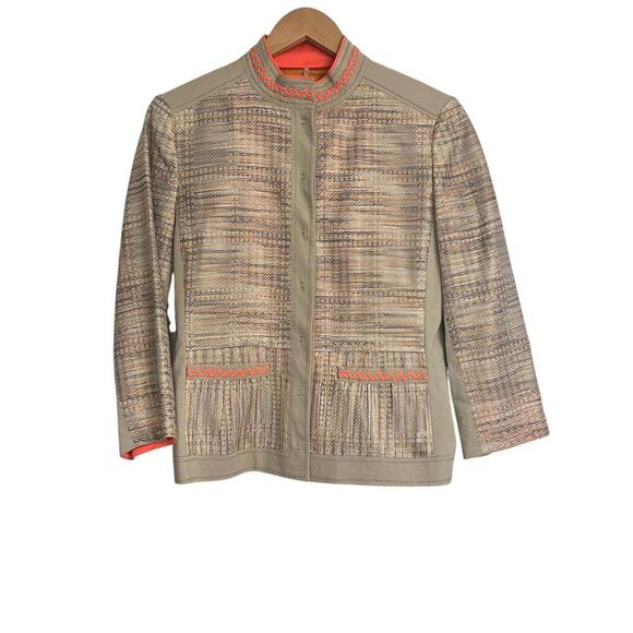 Elie Tahari Mandarin Collar Blazer Snaps Tan & Orange Braided Details Size 8 - Picture 4 of 11